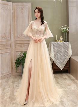 Picture of Light Champagne Tulle Slit Beaded Long Formal Dresses, Sexy A-line Sequins Formal Dresses